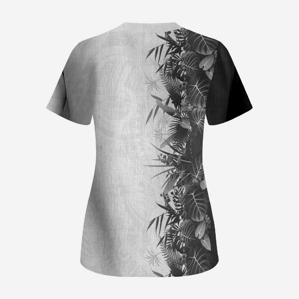 Hawaii Tropical Plant Monochrome Scrub Top Vibrant Polynesian Pattern