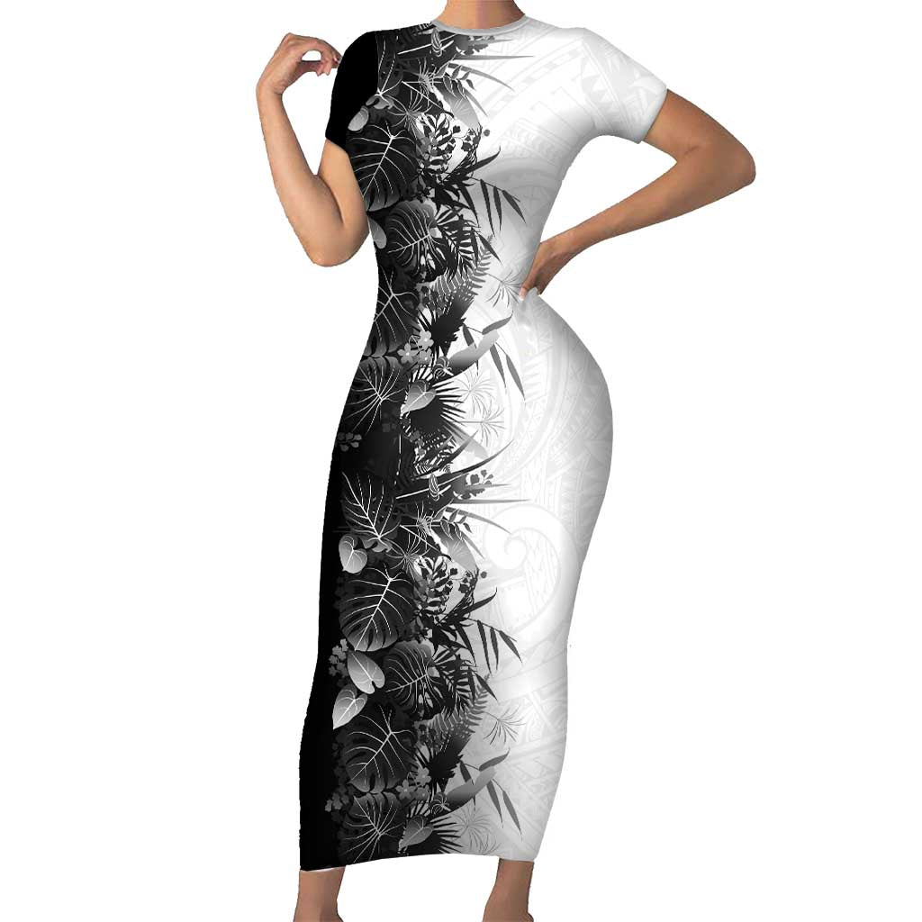 Hawaii Tropical Plant Monochrome Short Sleeve Bodycon Dress Vibrant Polynesian Pattern