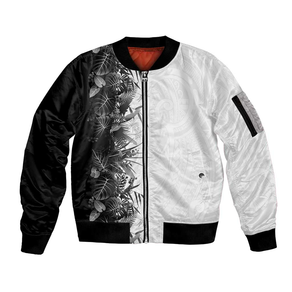 Hawaii Tropical Plant Monochrome Sleeve Zip Bomber Jacket Vibrant Polynesian Pattern