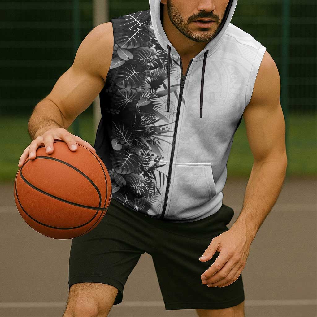 Hawaii Tropical Plant Monochrome Sleeveless Zip Hoodie Vibrant Polynesian Pattern