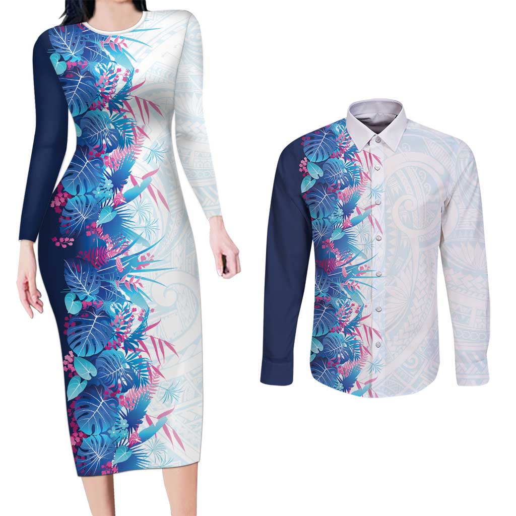 Hawaii Tropical Plant UliUli Couples Matching Long Sleeve Bodycon Dress and Long Sleeve Button Shirt Vibrant Polynesian Pattern