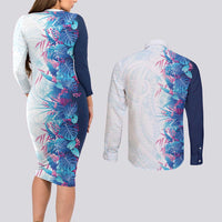 Hawaii Tropical Plant UliUli Couples Matching Long Sleeve Bodycon Dress and Long Sleeve Button Shirt Vibrant Polynesian Pattern