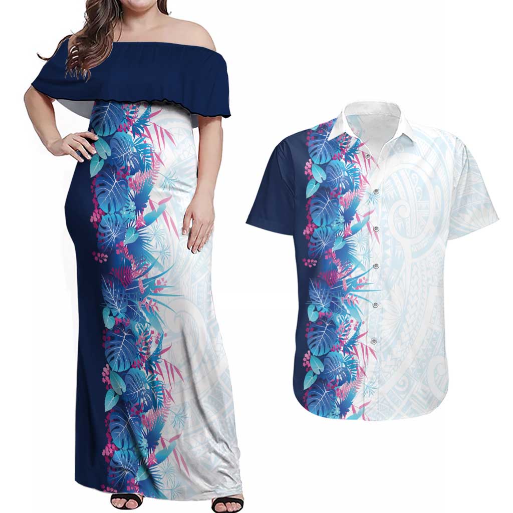 Hawaii Tropical Plant UliUli Couples Matching Off Shoulder Maxi Dress and Hawaiian Shirt Vibrant Polynesian Pattern