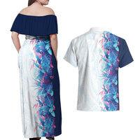 Hawaii Tropical Plant UliUli Couples Matching Off Shoulder Maxi Dress and Hawaiian Shirt Vibrant Polynesian Pattern