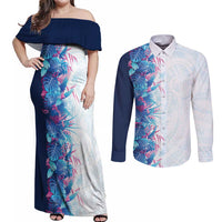 Hawaii Tropical Plant UliUli Couples Matching Off Shoulder Maxi Dress and Long Sleeve Button Shirt Vibrant Polynesian Pattern