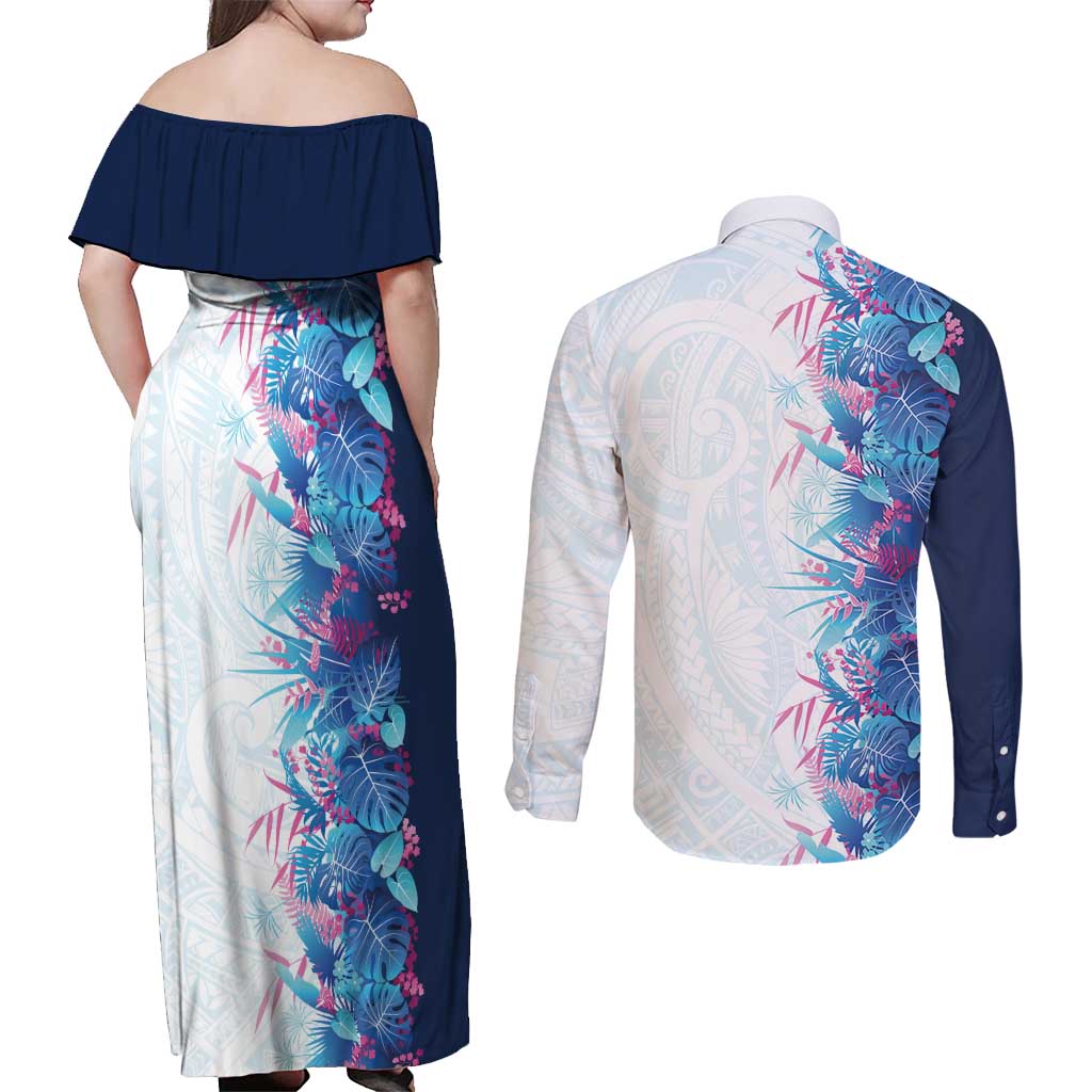 Hawaii Tropical Plant UliUli Couples Matching Off Shoulder Maxi Dress and Long Sleeve Button Shirt Vibrant Polynesian Pattern