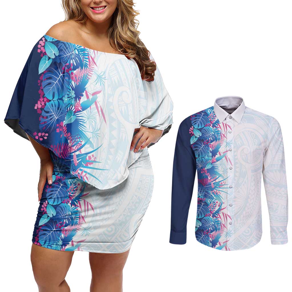 Hawaii Tropical Plant UliUli Couples Matching Off Shoulder Short Dress and Long Sleeve Button Shirt Vibrant Polynesian Pattern