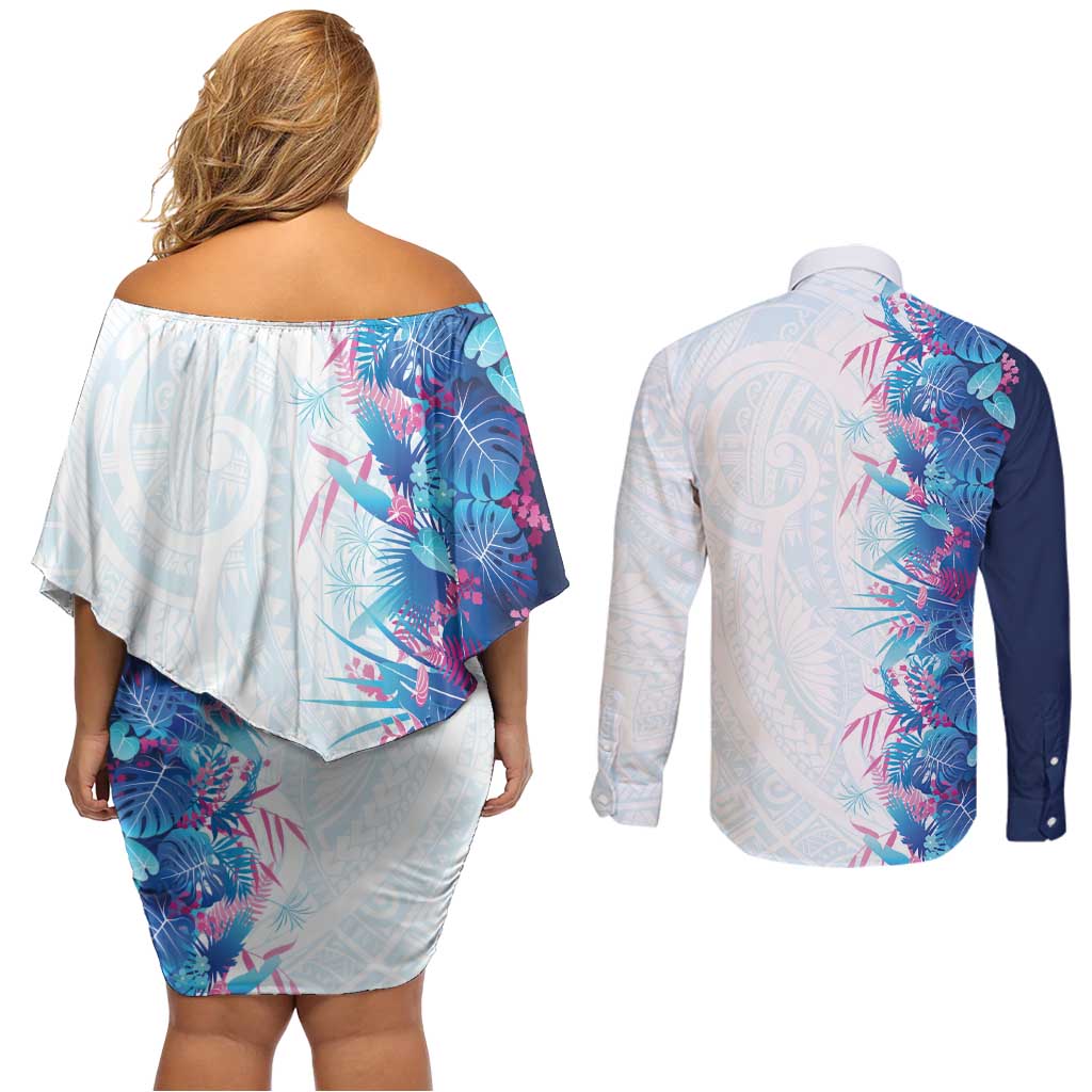 Hawaii Tropical Plant UliUli Couples Matching Off Shoulder Short Dress and Long Sleeve Button Shirt Vibrant Polynesian Pattern