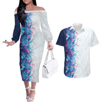 Hawaii Tropical Plant UliUli Couples Matching Off The Shoulder Long Sleeve Dress and Hawaiian Shirt Vibrant Polynesian Pattern