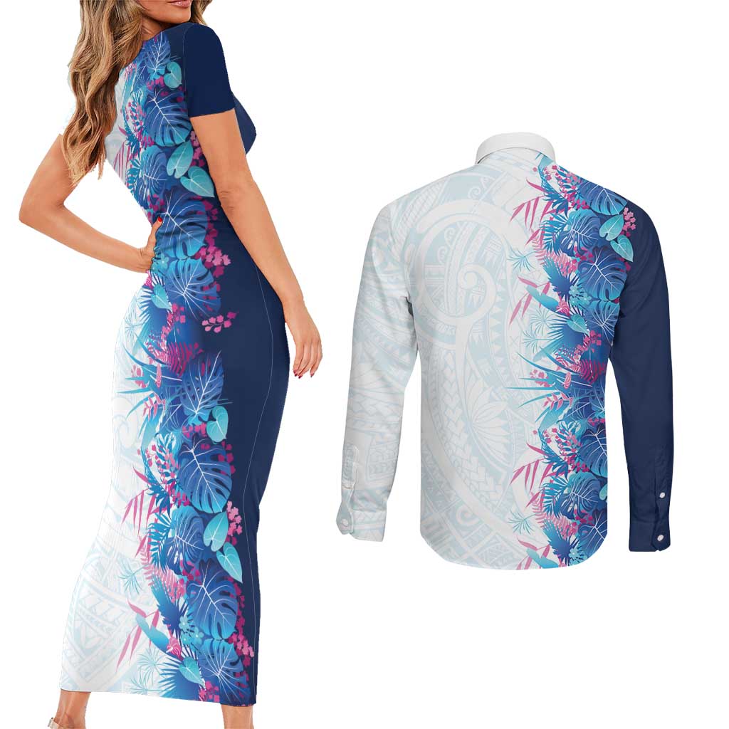 Hawaii Tropical Plant UliUli Couples Matching Short Sleeve Bodycon Dress and Long Sleeve Button Shirt Vibrant Polynesian Pattern