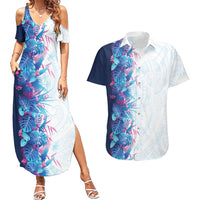 Hawaii Tropical Plant UliUli Couples Matching Summer Maxi Dress and Hawaiian Shirt Vibrant Polynesian Pattern
