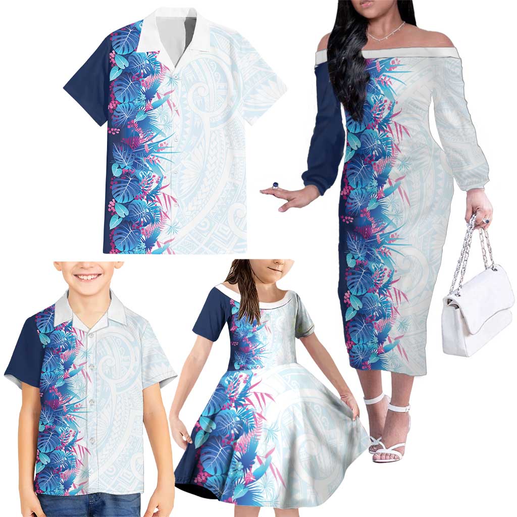 Hawaii Tropical Plant UliUli Family Matching Off The Shoulder Long Sleeve Dress and Hawaiian Shirt Vibrant Polynesian Pattern
