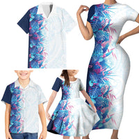 Hawaii Tropical Plant UliUli Family Matching Short Sleeve Bodycon Dress and Hawaiian Shirt Vibrant Polynesian Pattern