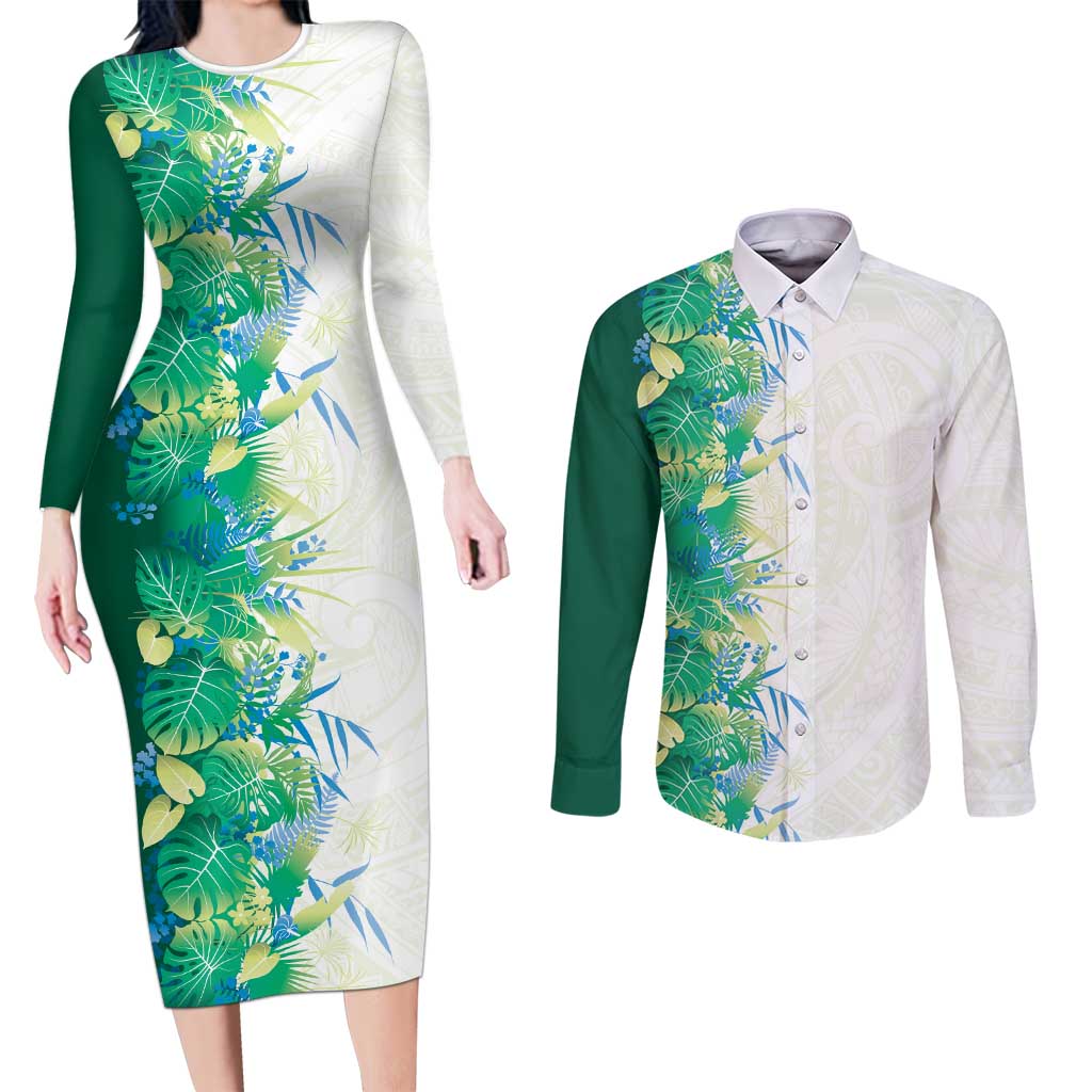 Hawaii Tropical Plant Omaomao Couples Matching Long Sleeve Bodycon Dress and Long Sleeve Button Shirt Vibrant Polynesian Pattern LT01 Green - Polynesian Pride