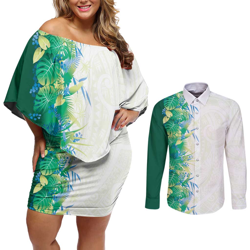 Hawaii Tropical Plant Omaomao Couples Matching Off Shoulder Short Dress and Long Sleeve Button Shirt Vibrant Polynesian Pattern