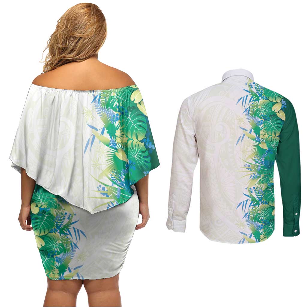 Hawaii Tropical Plant Omaomao Couples Matching Off Shoulder Short Dress and Long Sleeve Button Shirt Vibrant Polynesian Pattern