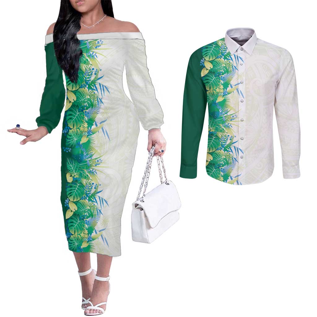Hawaii Tropical Plant Omaomao Couples Matching Off The Shoulder Long Sleeve Dress and Long Sleeve Button Shirt Vibrant Polynesian Pattern