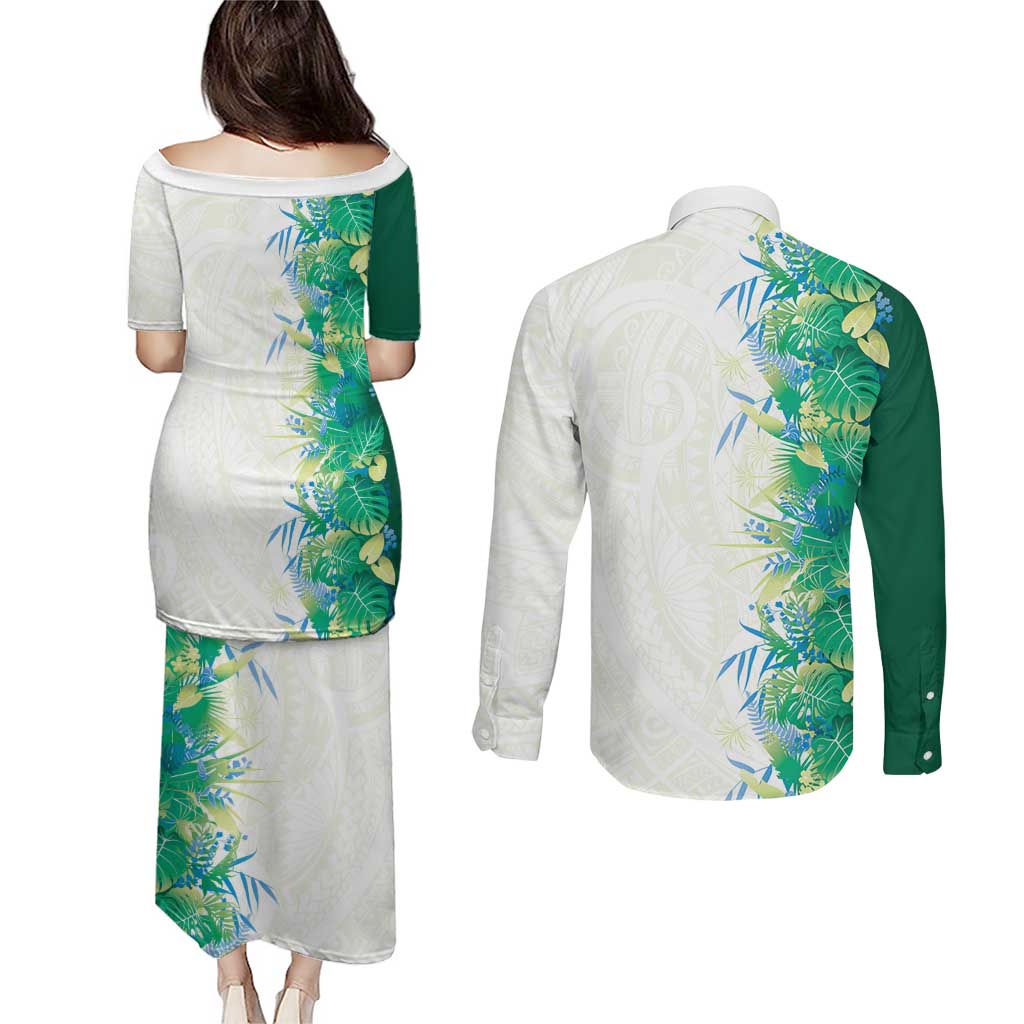 Hawaii Tropical Plant Omaomao Couples Matching Puletasi and Long Sleeve Button Shirt Vibrant Polynesian Pattern