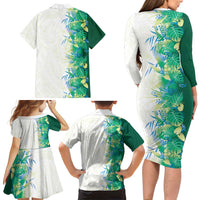 Hawaii Tropical Plant Omaomao Family Matching Long Sleeve Bodycon Dress and Hawaiian Shirt Vibrant Polynesian Pattern