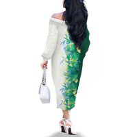 Hawaii Tropical Plant Omaomao Family Matching Off The Shoulder Long Sleeve Dress and Hawaiian Shirt Vibrant Polynesian Pattern
