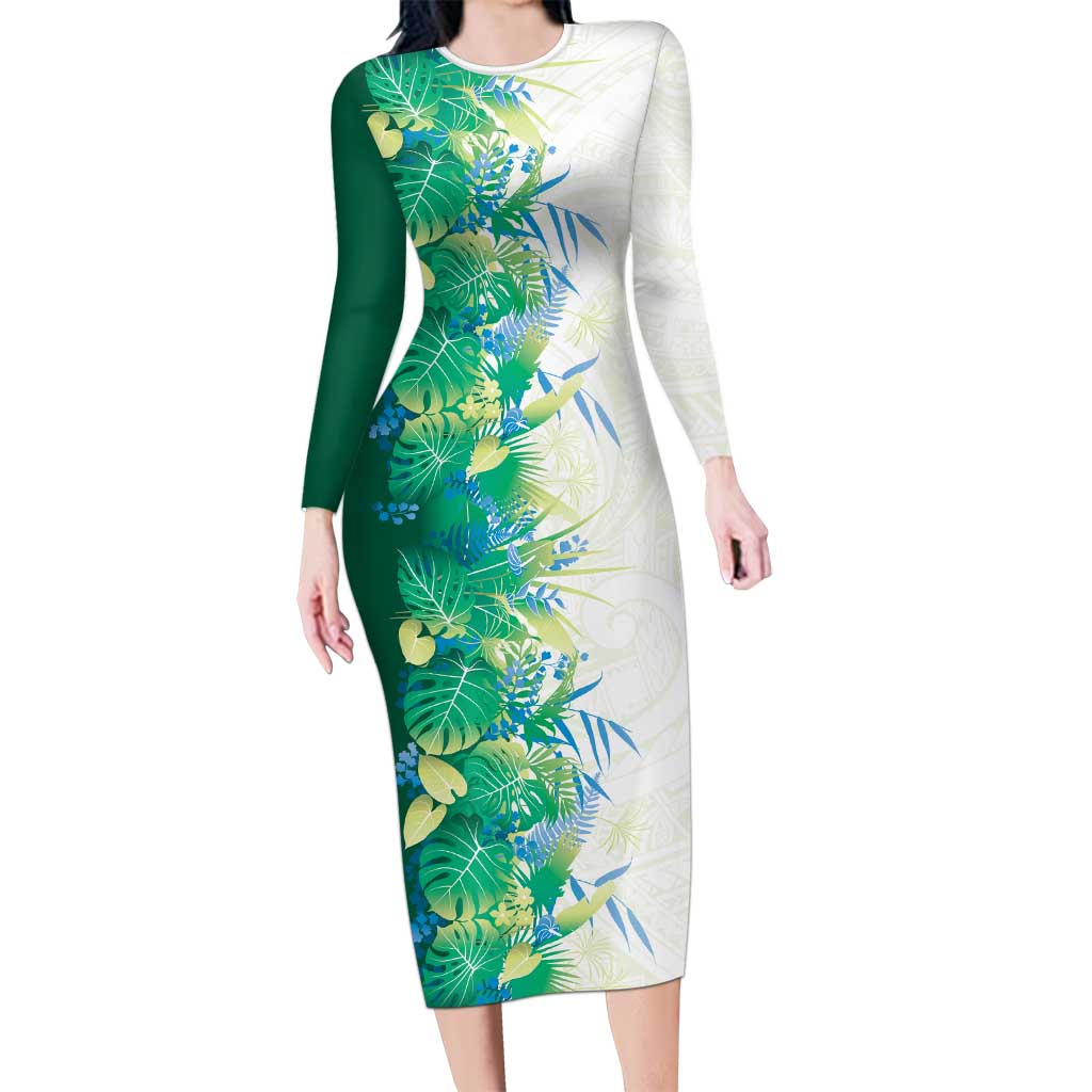Hawaii Tropical Plant Omaomao Long Sleeve Bodycon Dress Vibrant Polynesian Pattern LT01 Long Dress Green - Polynesian Pride