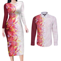Hawaii Tropical Plant Akala Couples Matching Long Sleeve Bodycon Dress and Long Sleeve Button Shirt Vibrant Polynesian Pattern LT01 Pink - Polynesian Pride