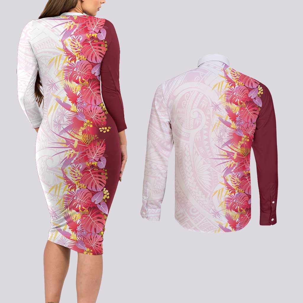 Hawaii Tropical Plant Akala Couples Matching Long Sleeve Bodycon Dress and Long Sleeve Button Shirt Vibrant Polynesian Pattern LT01 - Polynesian Pride