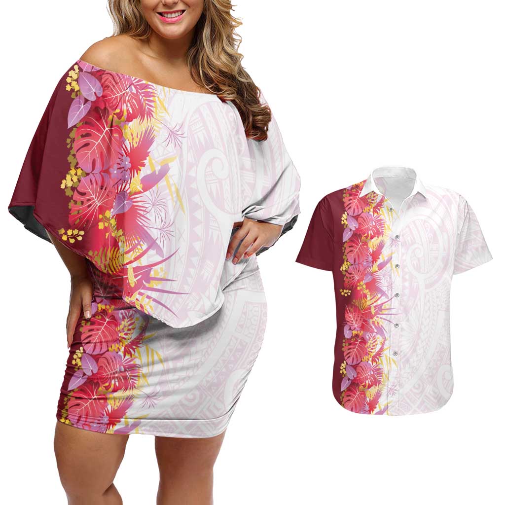 Hawaii Tropical Plant Akala Couples Matching Off Shoulder Short Dress and Hawaiian Shirt Vibrant Polynesian Pattern LT01 Pink - Polynesian Pride