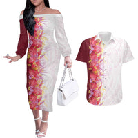 Hawaii Tropical Plant Akala Couples Matching Off The Shoulder Long Sleeve Dress and Hawaiian Shirt Vibrant Polynesian Pattern