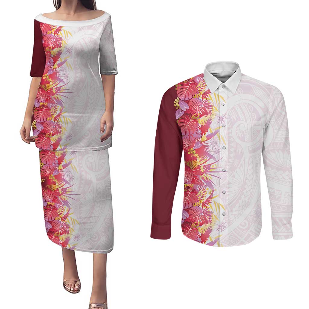 Hawaii Tropical Plant Akala Couples Matching Puletasi and Long Sleeve Button Shirt Vibrant Polynesian Pattern LT01 Pink - Polynesian Pride