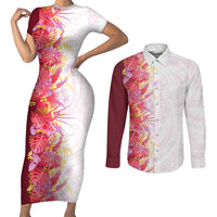 Hawaii Tropical Plant Akala Couples Matching Short Sleeve Bodycon Dress and Long Sleeve Button Shirt Vibrant Polynesian Pattern LT01 Pink - Polynesian Pride