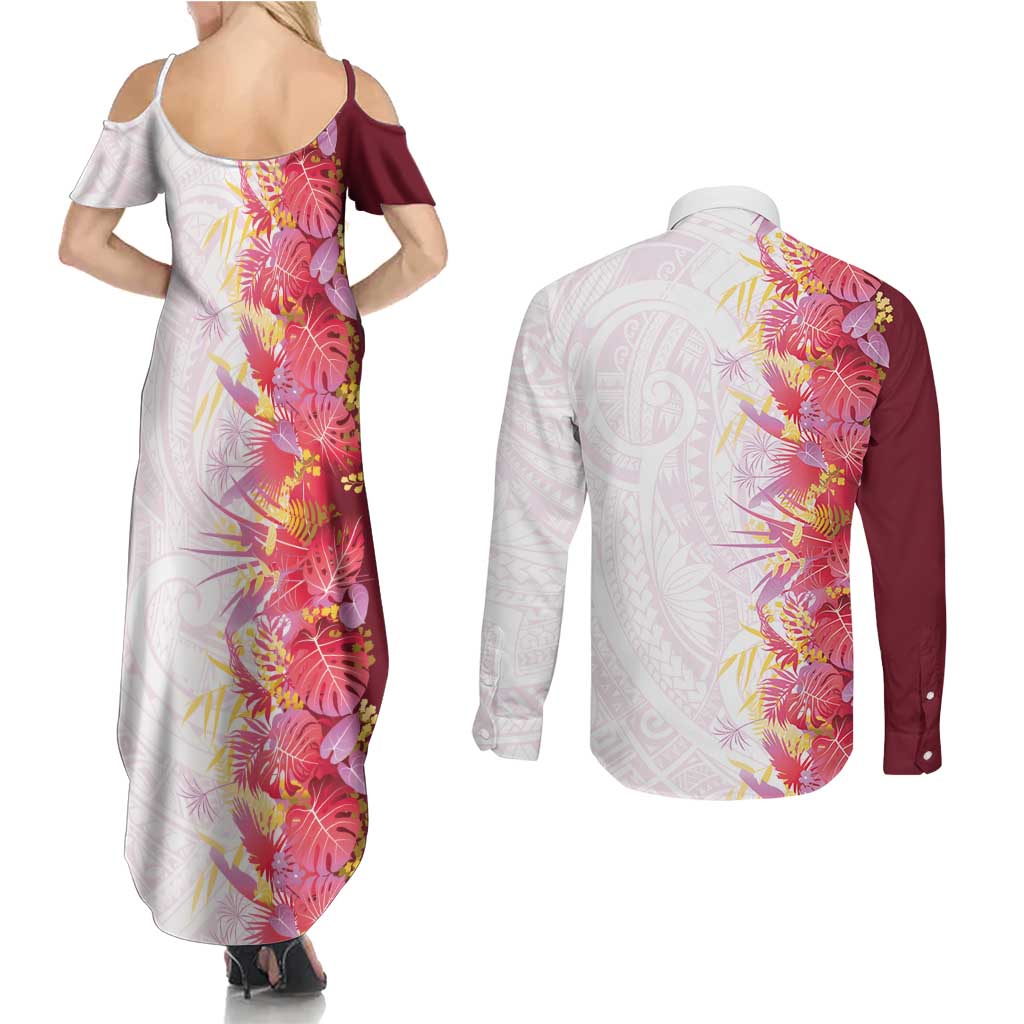 Hawaii Tropical Plant Akala Couples Matching Summer Maxi Dress and Long Sleeve Button Shirt Vibrant Polynesian Pattern