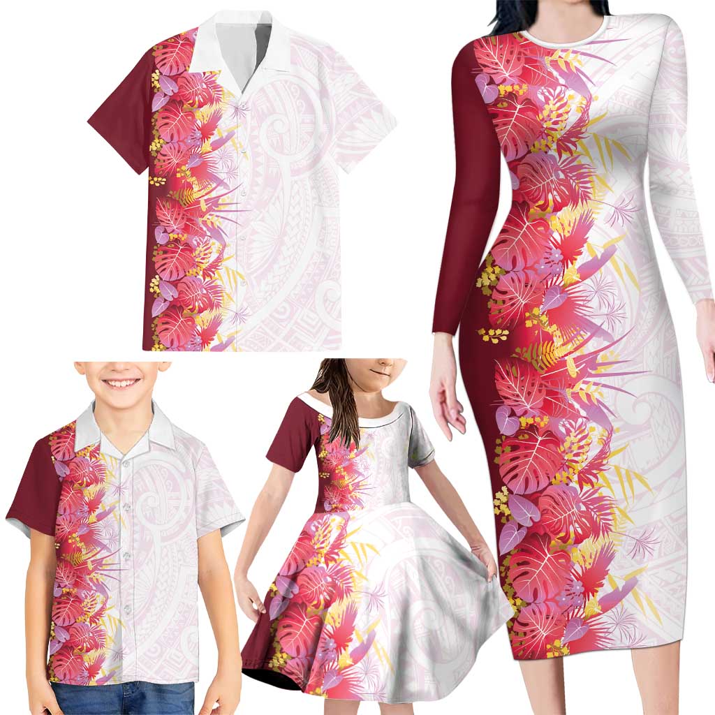 Hawaii Tropical Plant Akala Family Matching Long Sleeve Bodycon Dress and Hawaiian Shirt Vibrant Polynesian Pattern