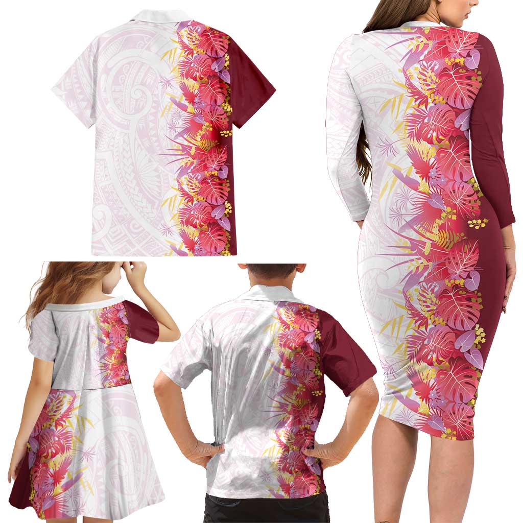 Hawaii Tropical Plant Akala Family Matching Long Sleeve Bodycon Dress and Hawaiian Shirt Vibrant Polynesian Pattern