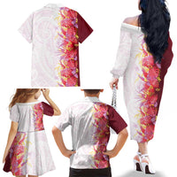 Hawaii Tropical Plant Akala Family Matching Off The Shoulder Long Sleeve Dress and Hawaiian Shirt Vibrant Polynesian Pattern
