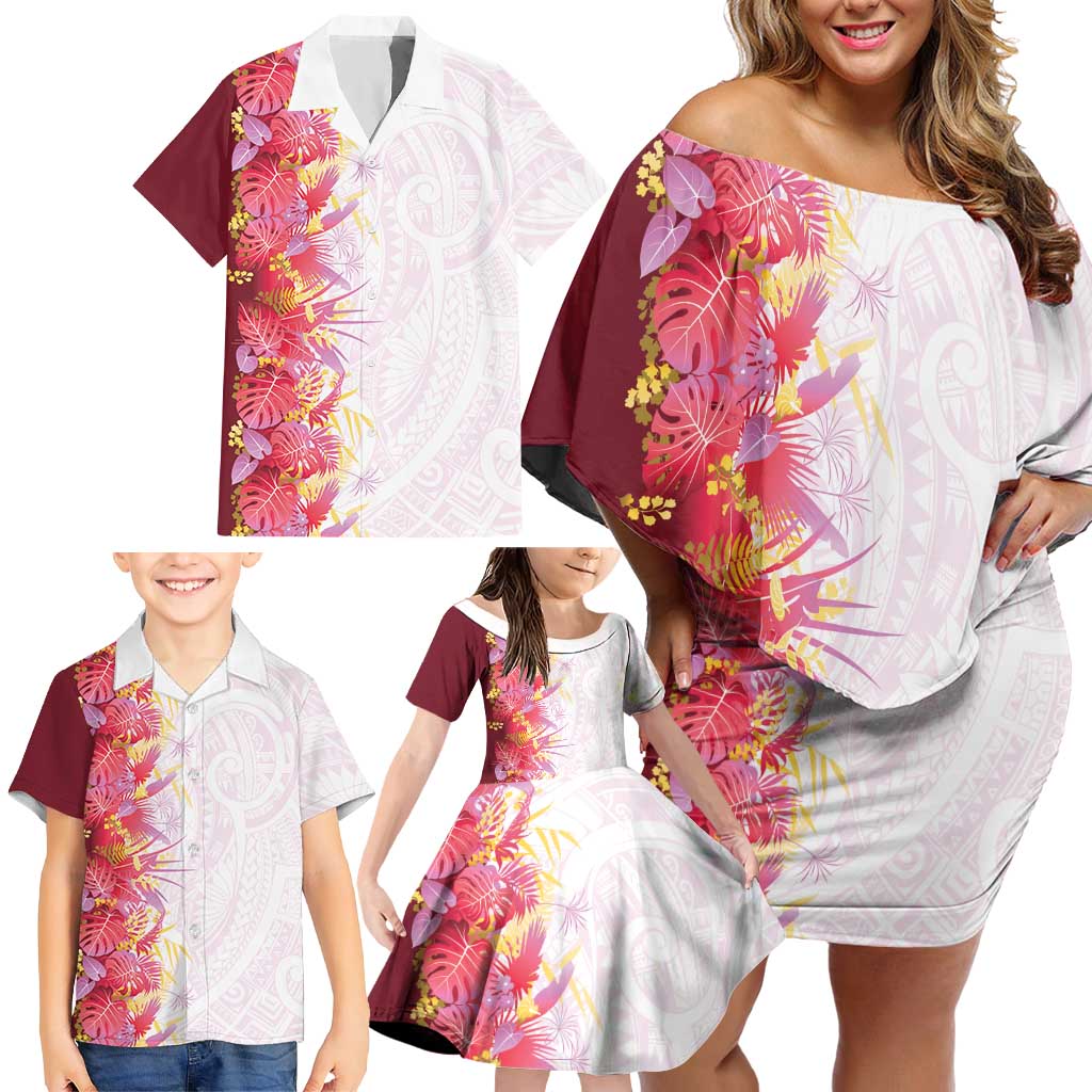 Hawaii Tropical Plant Akala Family Matching Off Shoulder Short Dress and Hawaiian Shirt Vibrant Polynesian Pattern