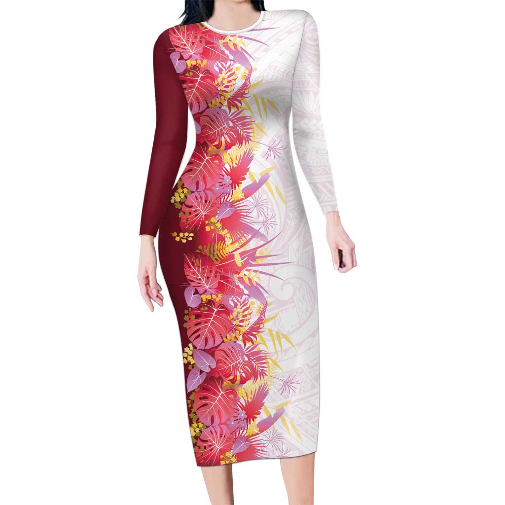 Hawaii Tropical Plant Akala Long Sleeve Bodycon Dress Vibrant Polynesian Pattern