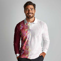 Hawaii Tropical Plant Akala Long Sleeve Polo Shirt Vibrant Polynesian Pattern