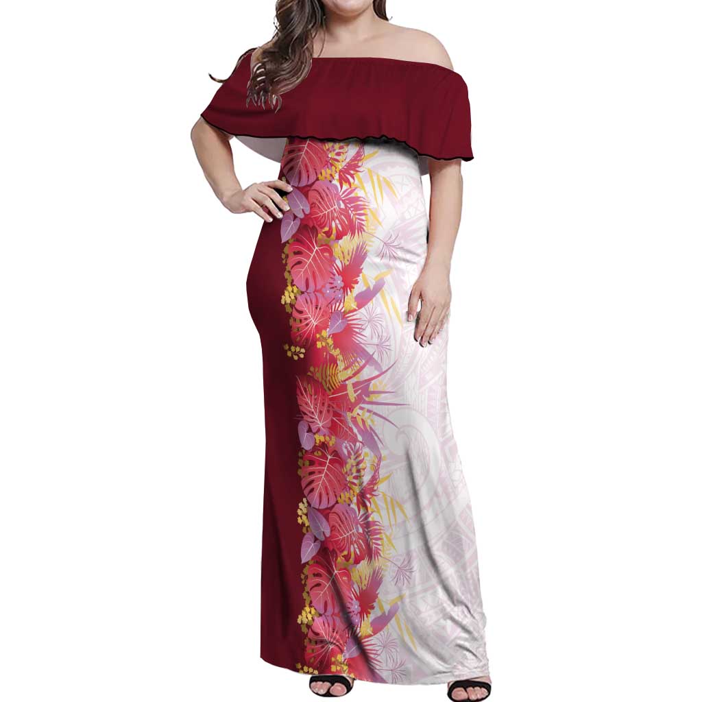 Hawaii Tropical Plant Akala Off Shoulder Maxi Dress Vibrant Polynesian Pattern