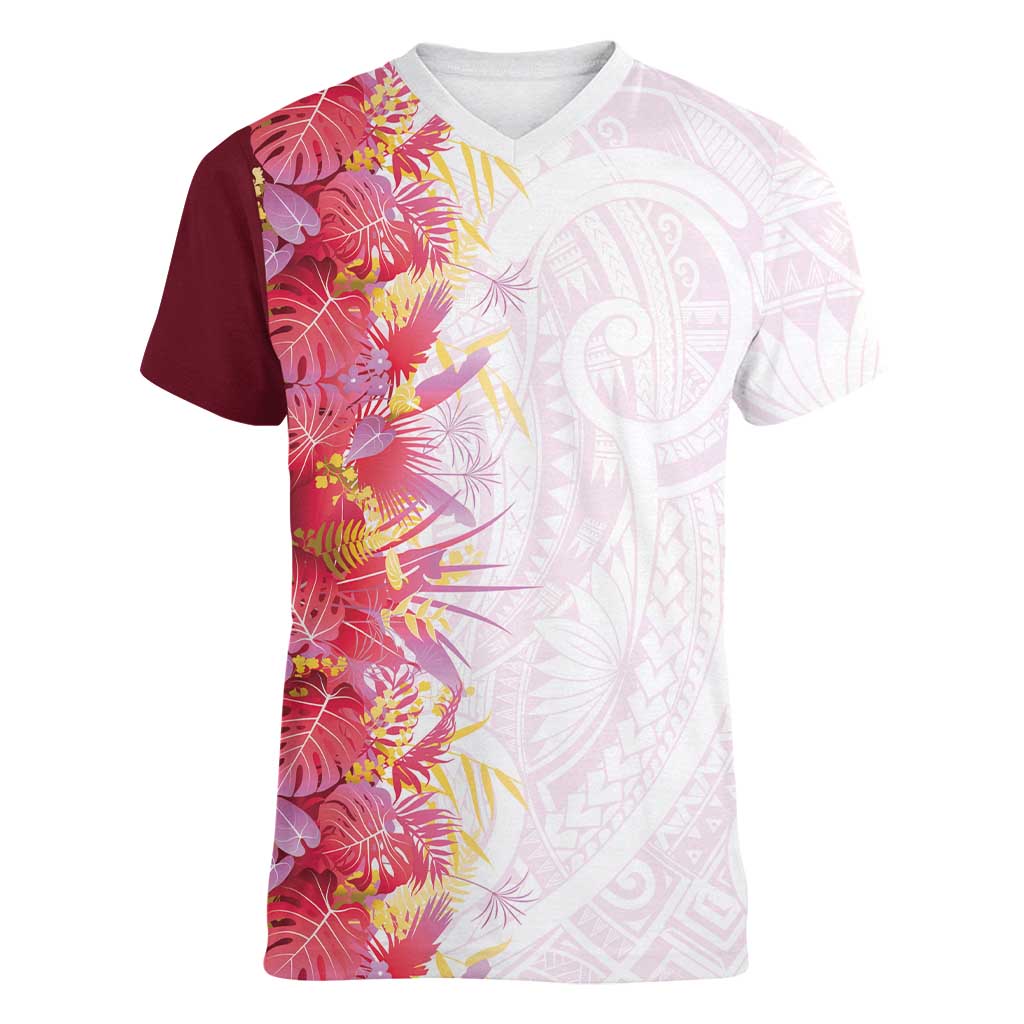 Hawaii Tropical Plant Akala Women V-Neck T-Shirt Vibrant Polynesian Pattern LT01 Female Pink - Polynesian Pride