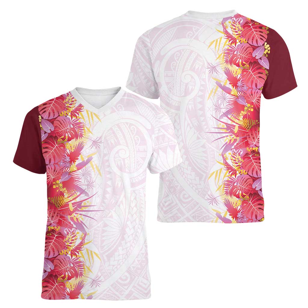 Hawaii Tropical Plant Akala Women V-Neck T-Shirt Vibrant Polynesian Pattern LT01 - Polynesian Pride
