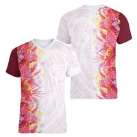 Hawaii Tropical Plant Akala Women V-Neck T-Shirt Vibrant Polynesian Pattern LT01 - Polynesian Pride