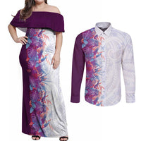 Hawaii Tropical Plant Poni Couples Matching Off Shoulder Maxi Dress and Long Sleeve Button Shirt Vibrant Polynesian Pattern