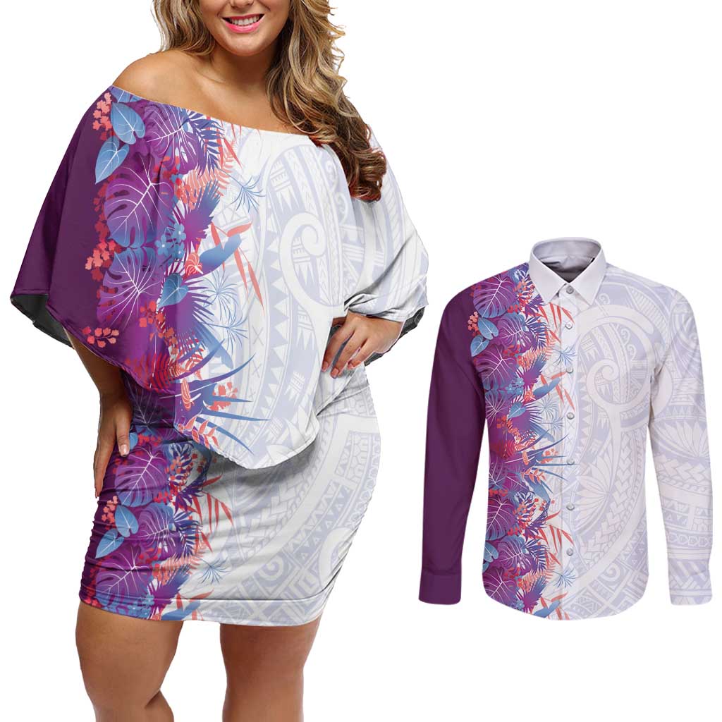 Hawaii Tropical Plant Poni Couples Matching Off Shoulder Short Dress and Long Sleeve Button Shirt Vibrant Polynesian Pattern