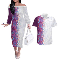 Hawaii Tropical Plant Poni Couples Matching Off The Shoulder Long Sleeve Dress and Hawaiian Shirt Vibrant Polynesian Pattern