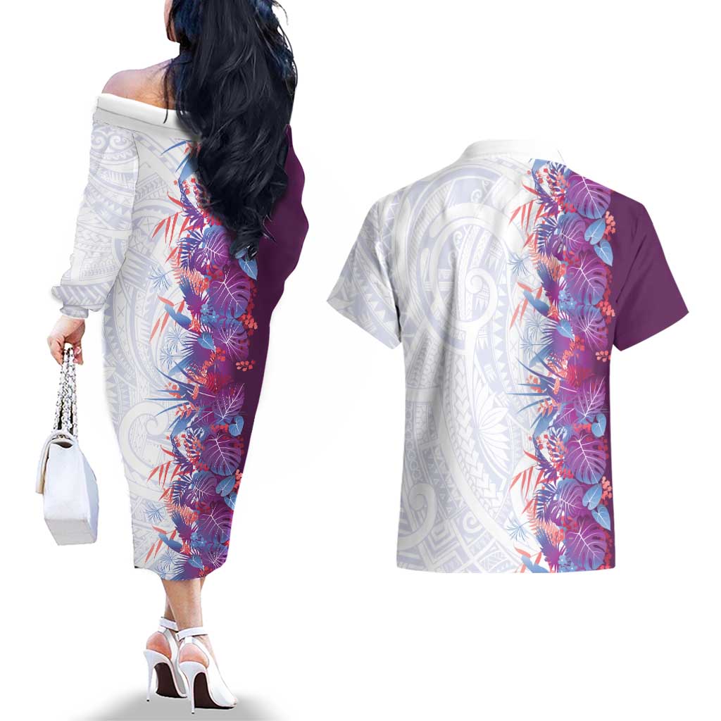Hawaii Tropical Plant Poni Couples Matching Off The Shoulder Long Sleeve Dress and Hawaiian Shirt Vibrant Polynesian Pattern
