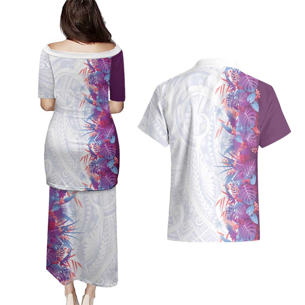 Hawaii Tropical Plant Poni Couples Matching Puletasi and Hawaiian Shirt Vibrant Polynesian Pattern