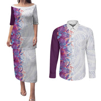 Hawaii Tropical Plant Poni Couples Matching Puletasi and Long Sleeve Button Shirt Vibrant Polynesian Pattern LT01 Purple - Polynesian Pride