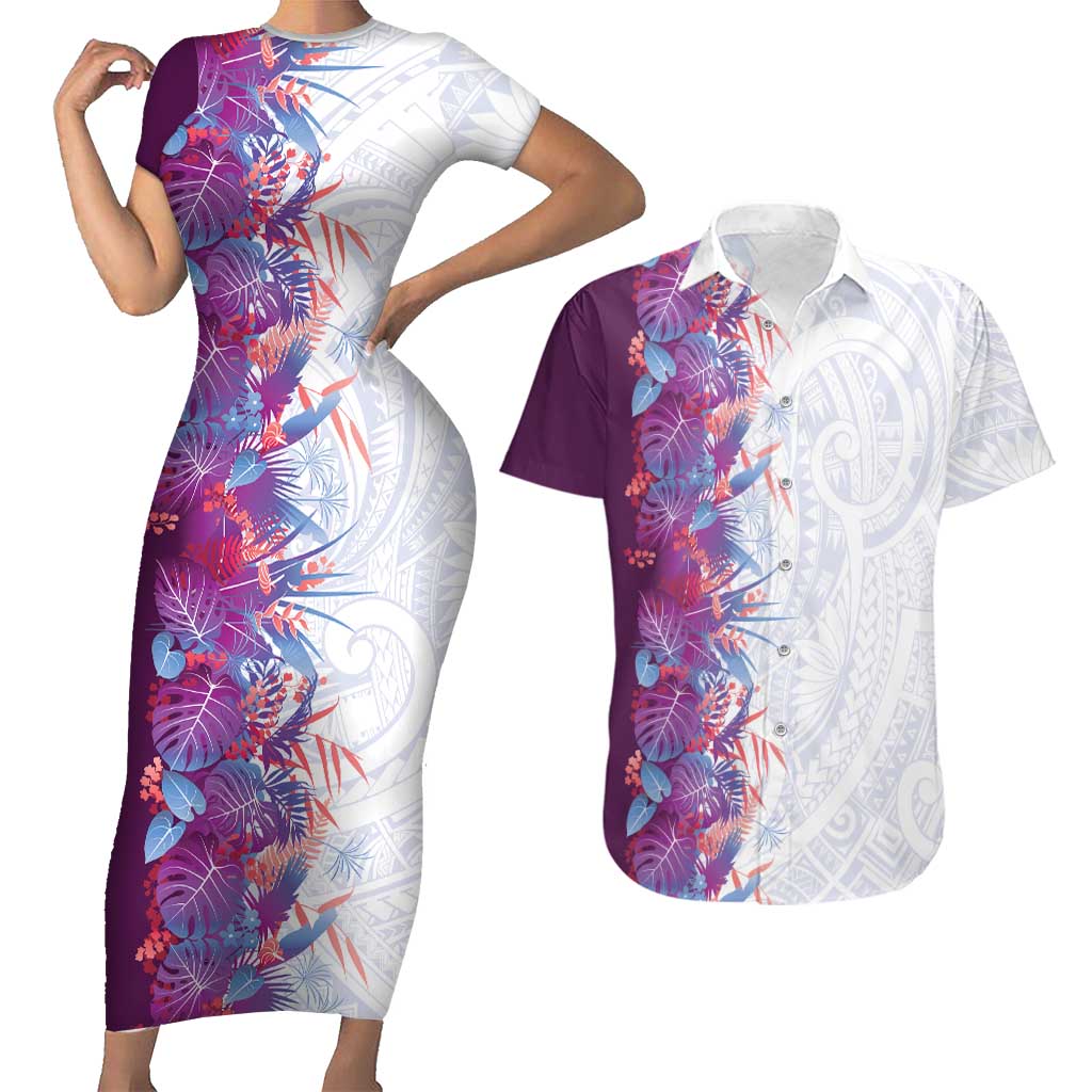 Hawaii Tropical Plant Poni Couples Matching Short Sleeve Bodycon Dress and Hawaiian Shirt Vibrant Polynesian Pattern