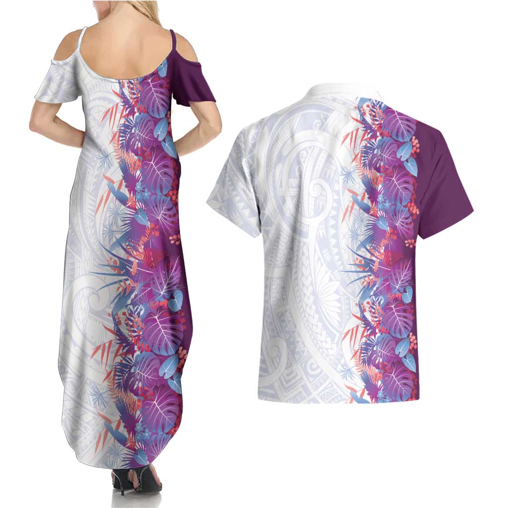 Hawaii Tropical Plant Poni Couples Matching Summer Maxi Dress and Hawaiian Shirt Vibrant Polynesian Pattern